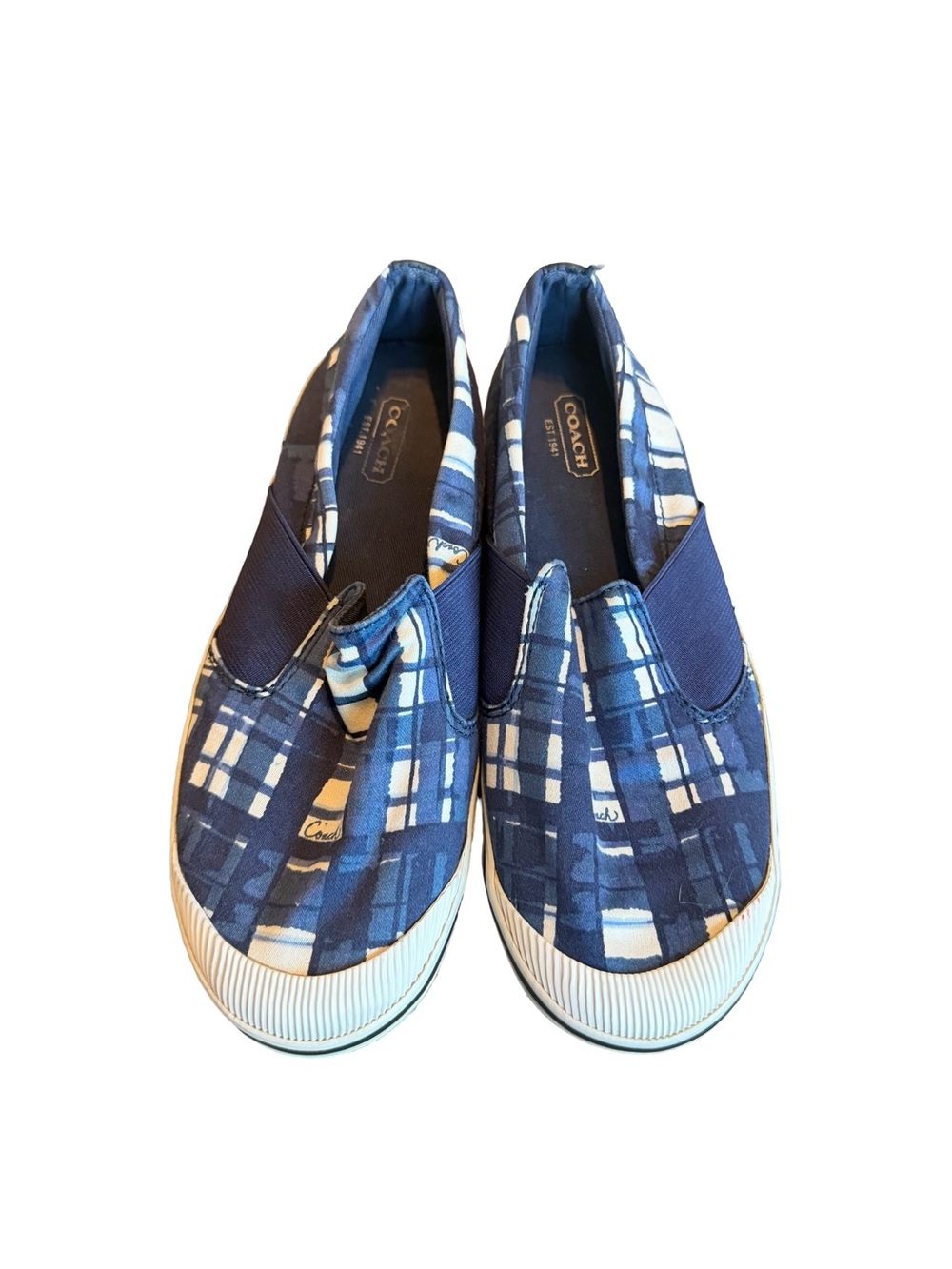 Coach Kaycee Slip-On Shoes Blue White Plaid Flats Comfort Size 6.5 Women's